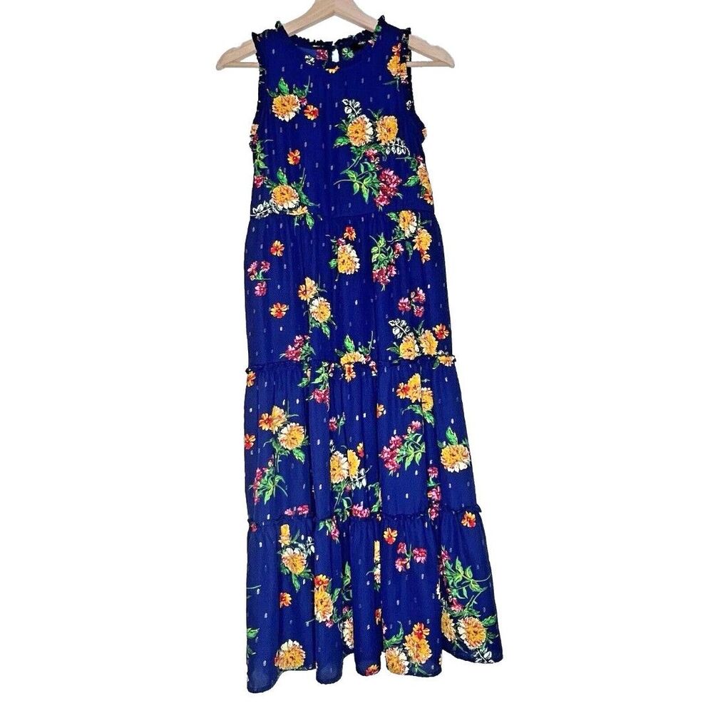 Zunie Girl’s Size M (10/12) Navy Floral Gold HiLites Sleeveless Lined Maxi Dress